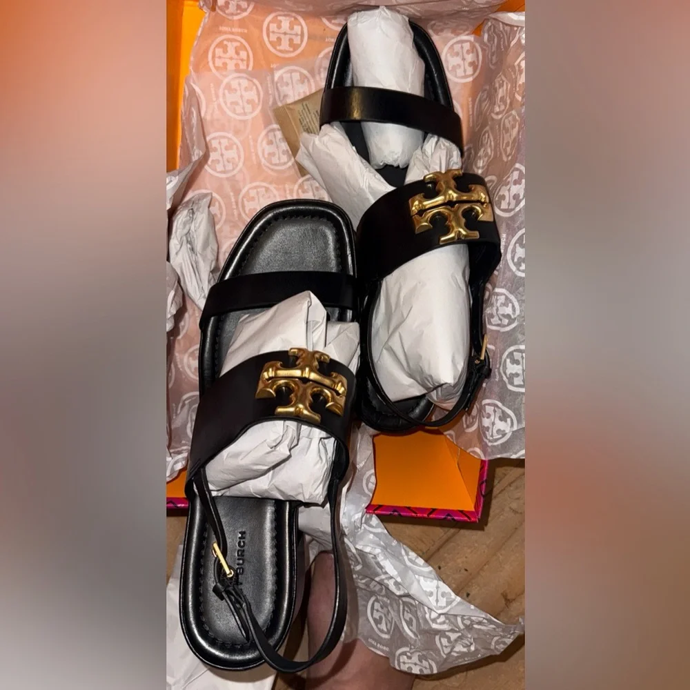 New in box Tory Burch ELEANOR HEEL SANDAL 55MM LEATHER size 11 black / GOLD 200